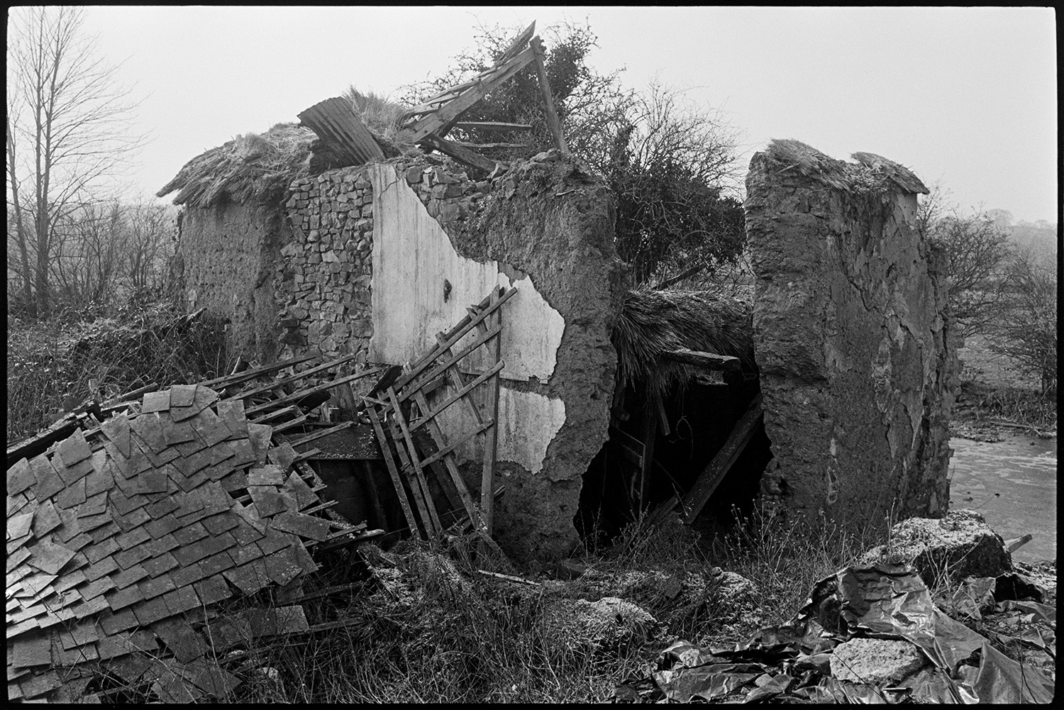 Ruined cob and thatch barns, flooded stream. 
[A collapsing cob and thatched barn in a field at Middle Week, Iddesleigh. Part of a slate roof is also on the ground in front of the barn.]