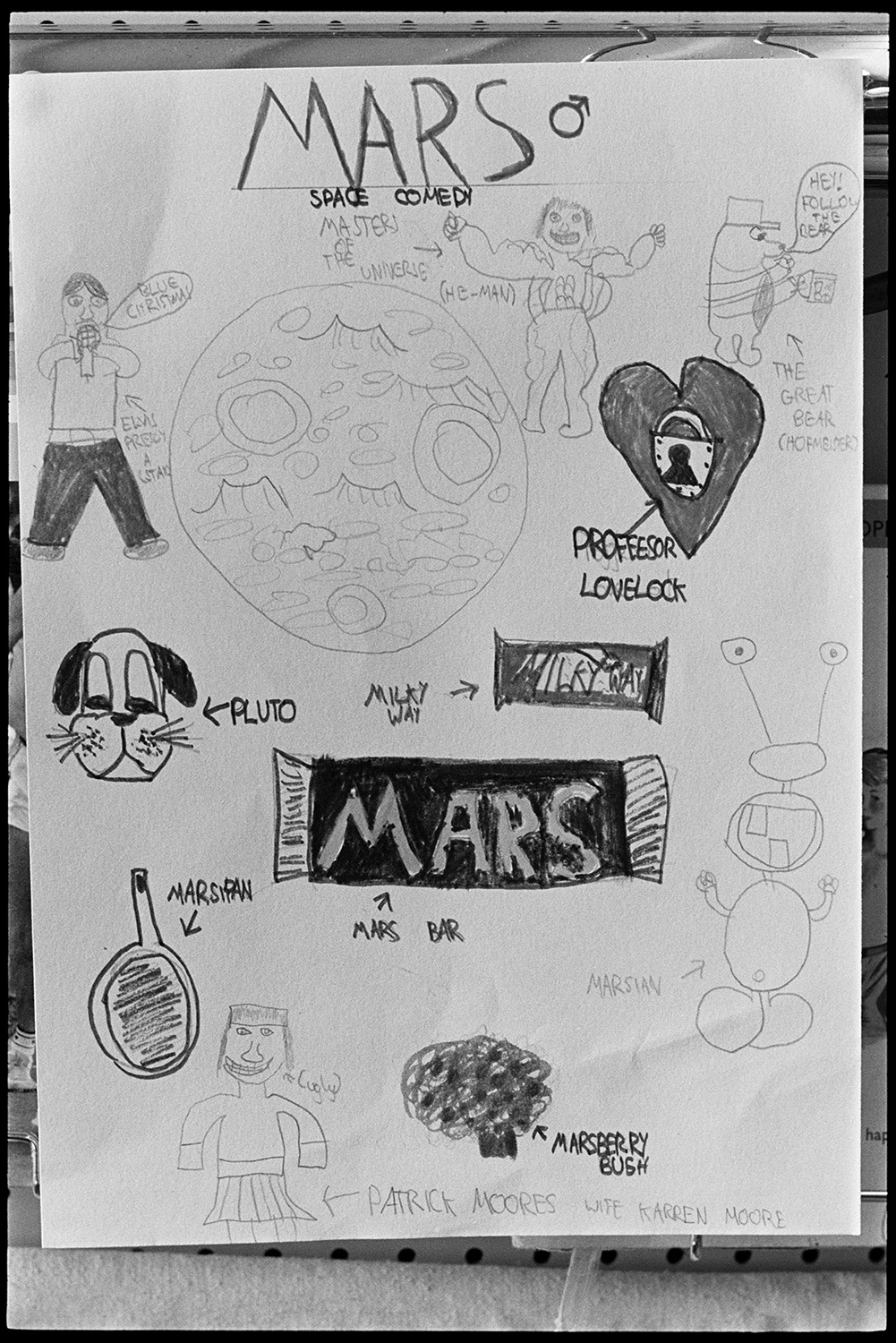 Schoolchildren working on space project pretending to be astronauts in spacecraft. 
[A poster about Mars made by a child at Bideford Primary School for their space project at the School.]