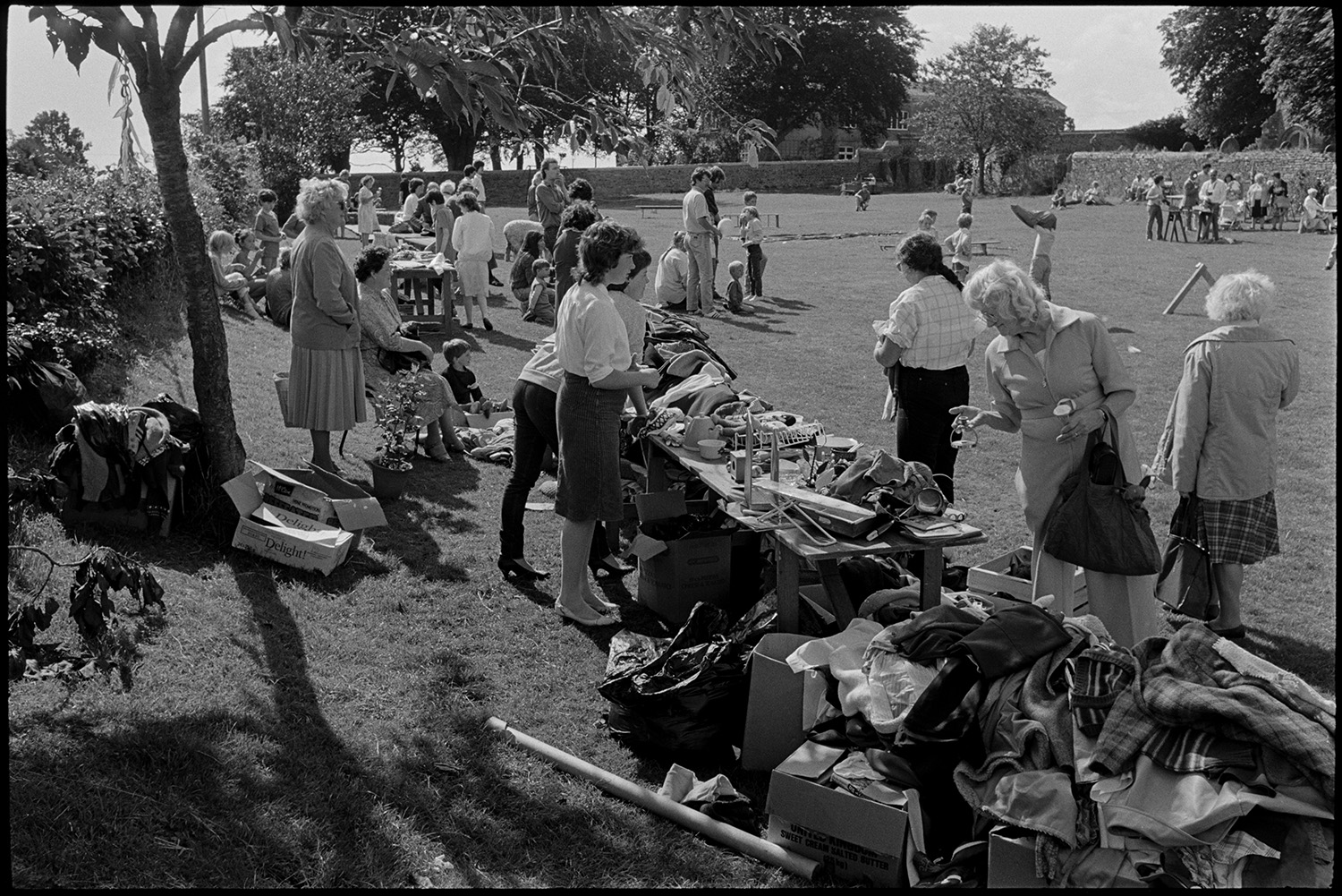 Village revel, fete, folk dance on green, stalls, jumble, guess weight of the Ram, fancy dress.
[Stallholders and visitors at Beaford Revel on the village green. Women looking at a jumble and bric-a-brac stall can be seen in the foreground.]
