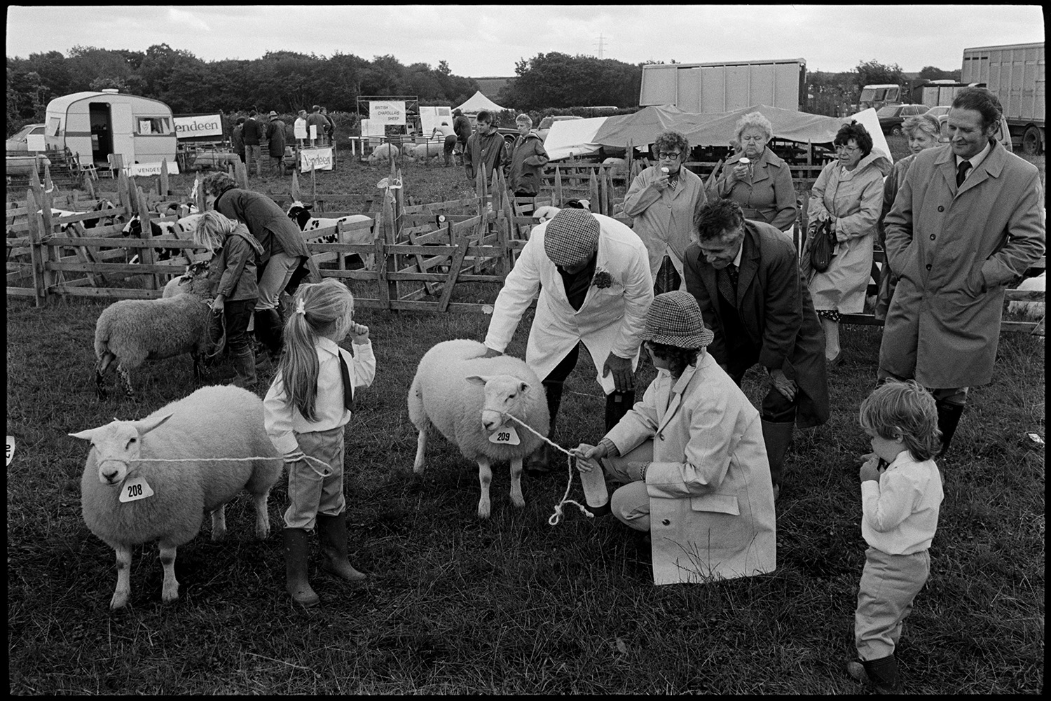 Agricultural show, judging sheep. Prize cattle in pens, spectators.
[People showing sheep at the North Devon Show near Alverdiscott. A young girl is holding a ewe with a holt. A small boy and other spectators look on as a judge examines a ewe. Sheep pens are lined up behind them, with two ladies eating ice creams. A caravan, lorries and other vehicles are in the background.]