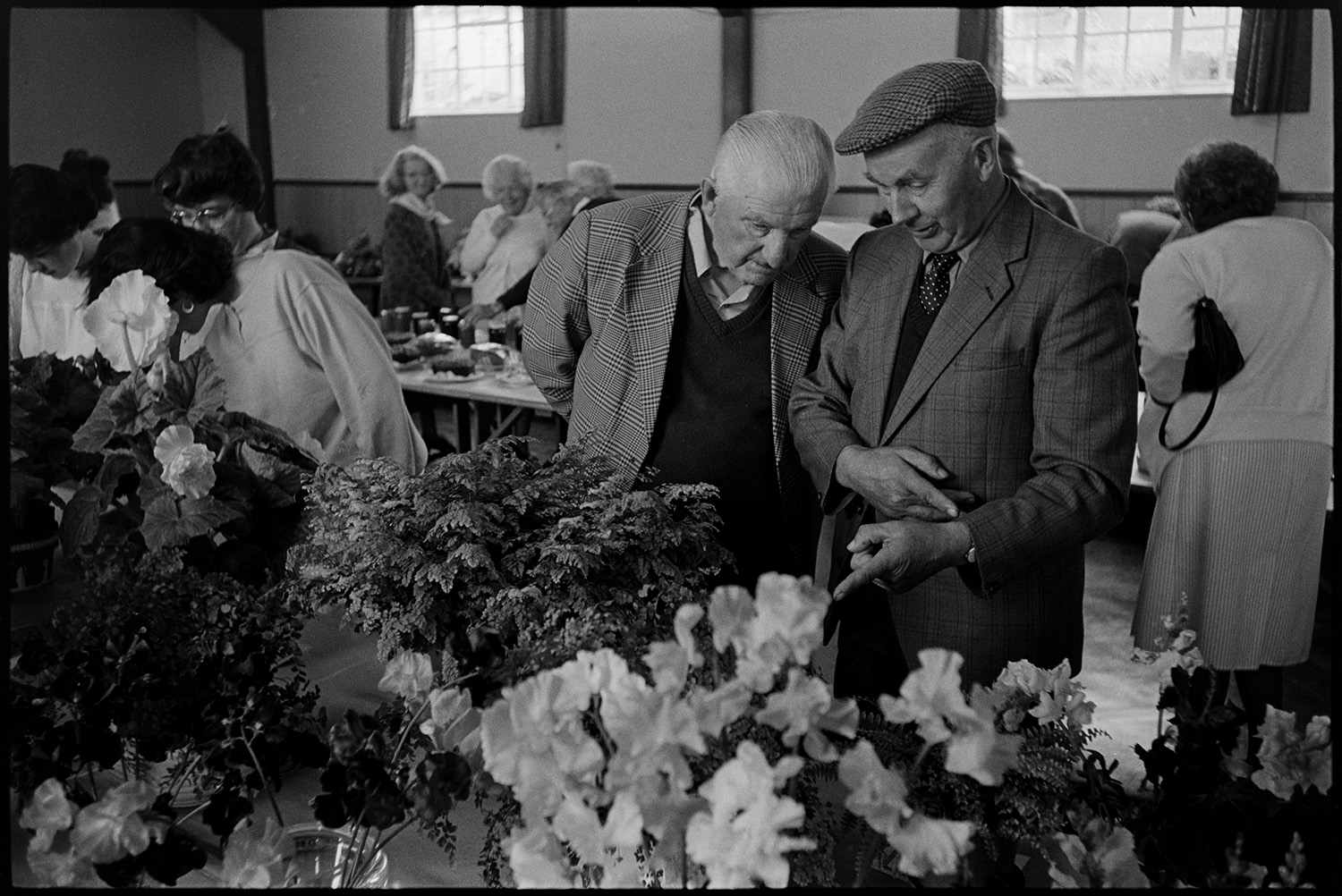 Flower show exhibits, village hall, flowers, jam, vegetables, prize winner with cup.
[Two men looking at the floral exhibits at the Dolton Flower Show in Dolton Village Hall. A cake stall, along with other visitors, is visible in the background.]