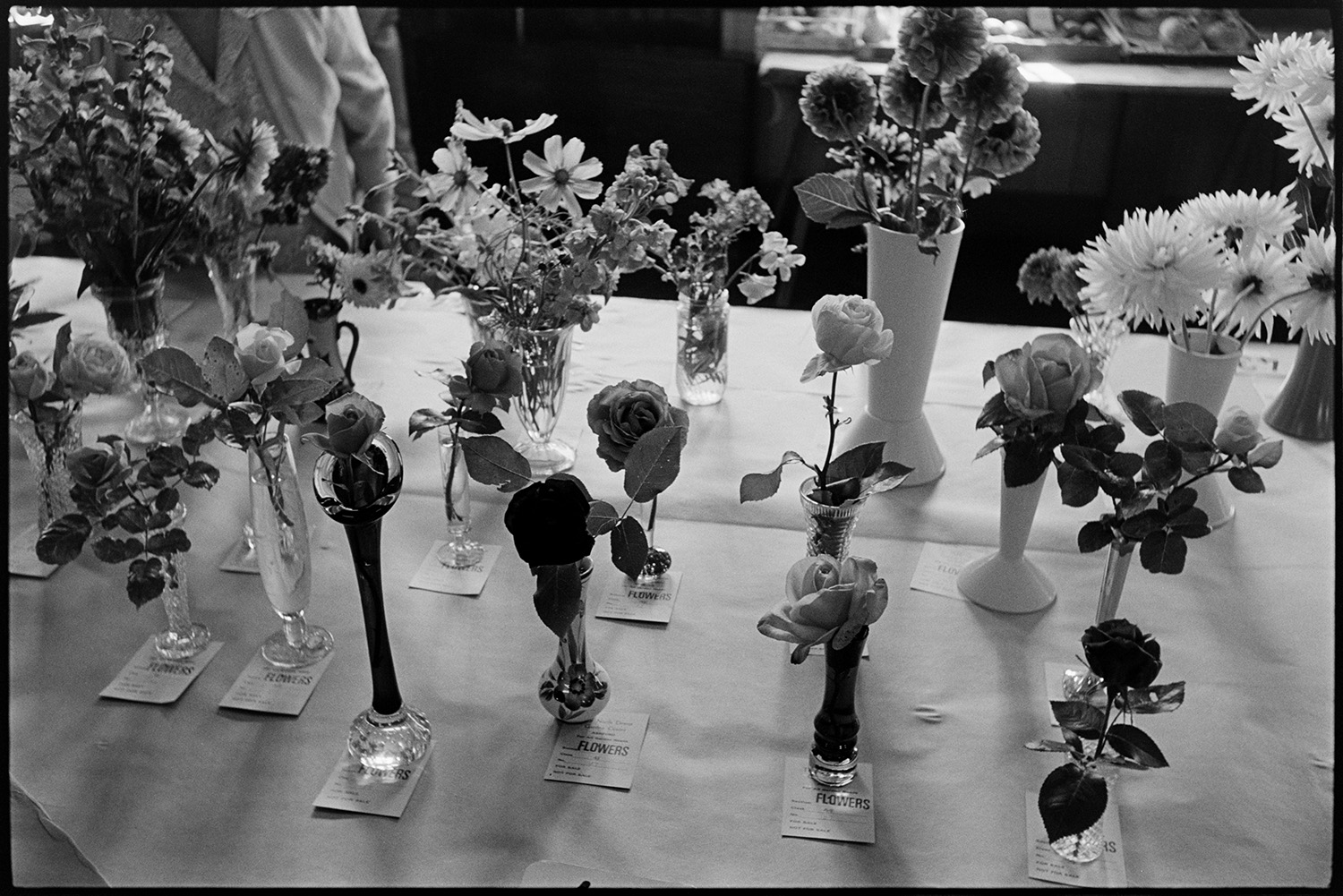 Flower show, displays of roses, cakes, vegetables, skittle alley.
[A display of flowers in vases on a table at Dolton Flower Show, in Dolton village hall. Amongst the display are roses and dahlias.]