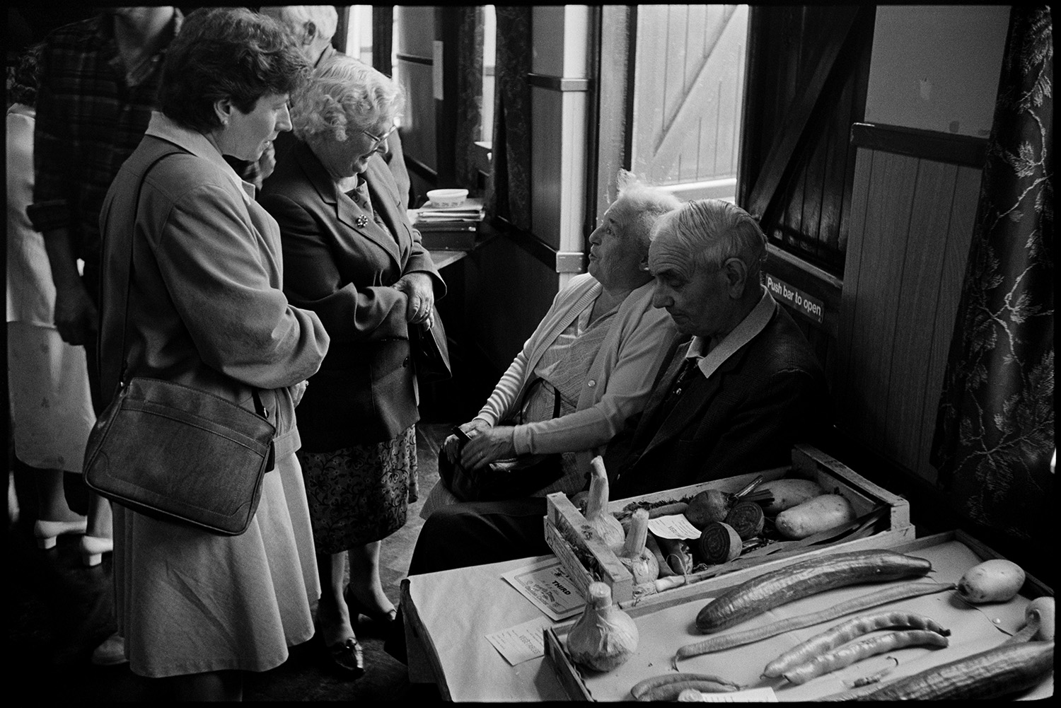 Flower show, displays of roses, cakes, vegetables, skittle alley.
[Four people talking by an open doorway at Dolton Flower Show in the village hall. Two trays of various vegetables are on display, including potatoes and broad beans.]