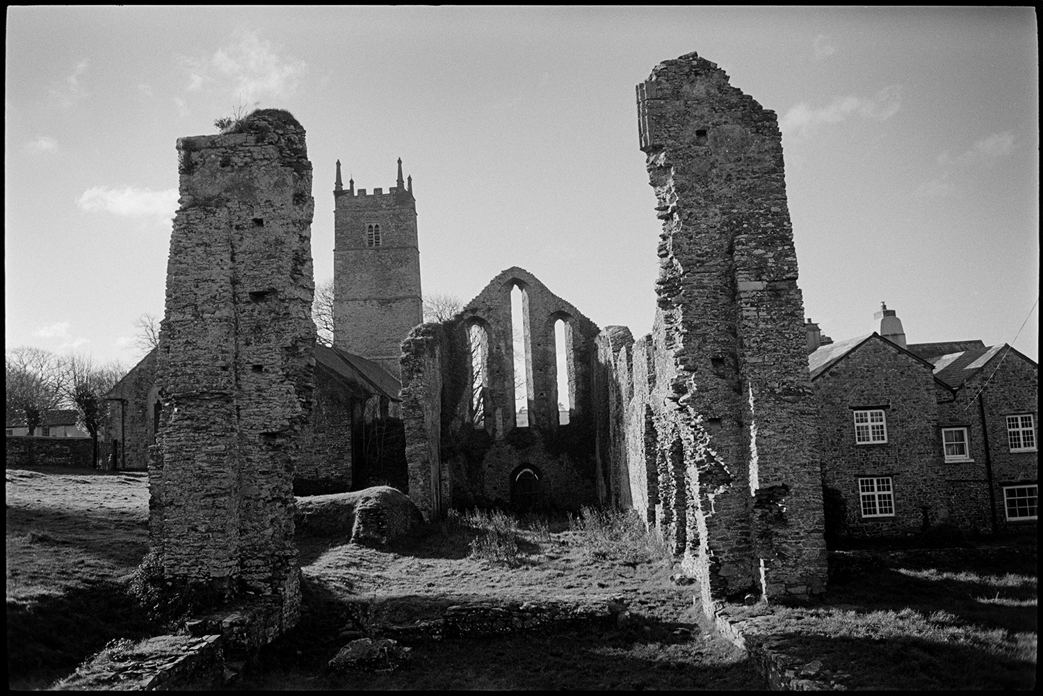 Ruined priory and graveyard.
[The ruined remains of Frithelstock Priory, with adjoining houses, In the background the tower of  the Church of St Mary and St Gregory, Frithelstock is visible.]