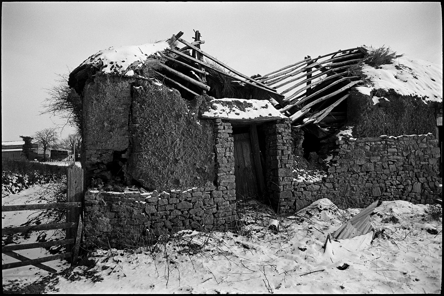 Snow, collapsing cob and thatch barns.
[The stone entrance of a collapsing cob and thatch barn in a field covered in snow at Middle Week, Iddesleigh. The roof timbers of the barn are exposed. Farm buildings can be seen in the background.]