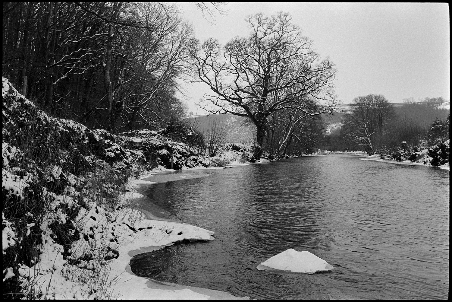 Snow, river and wood.
[River Torridge in winter with snowy banks and view of trees lining the river, at Halsdon, Dolton.]