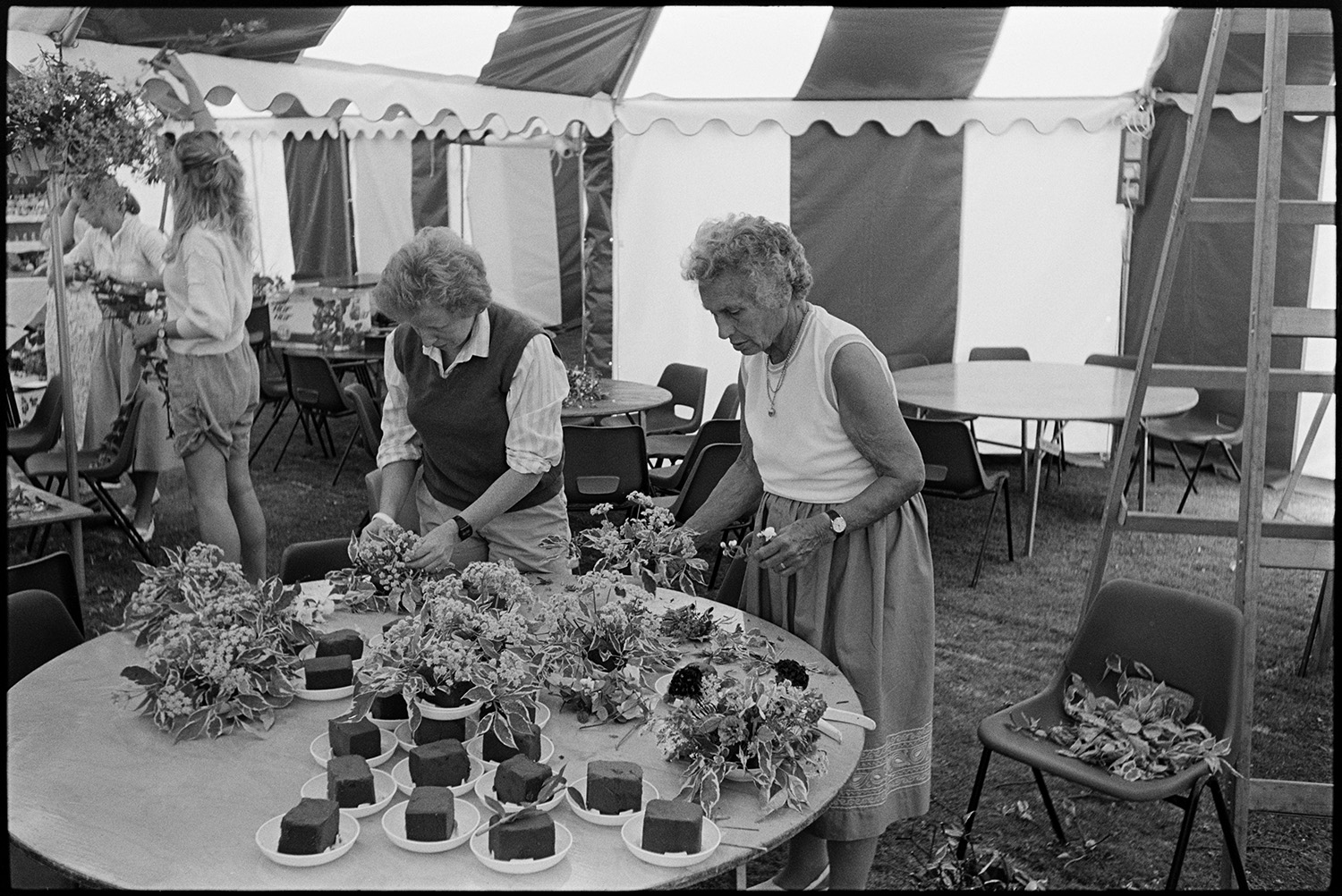 Women decorating marquee tent for hunt ball, flowers, laying tables, tombola, clipping lawn.
[Women decorating the inside of a marquee with flowers for the Eggesford Hunt Ball at Colleton Manor, Chulmleigh. Two women are making table top flower decorations at a table.]