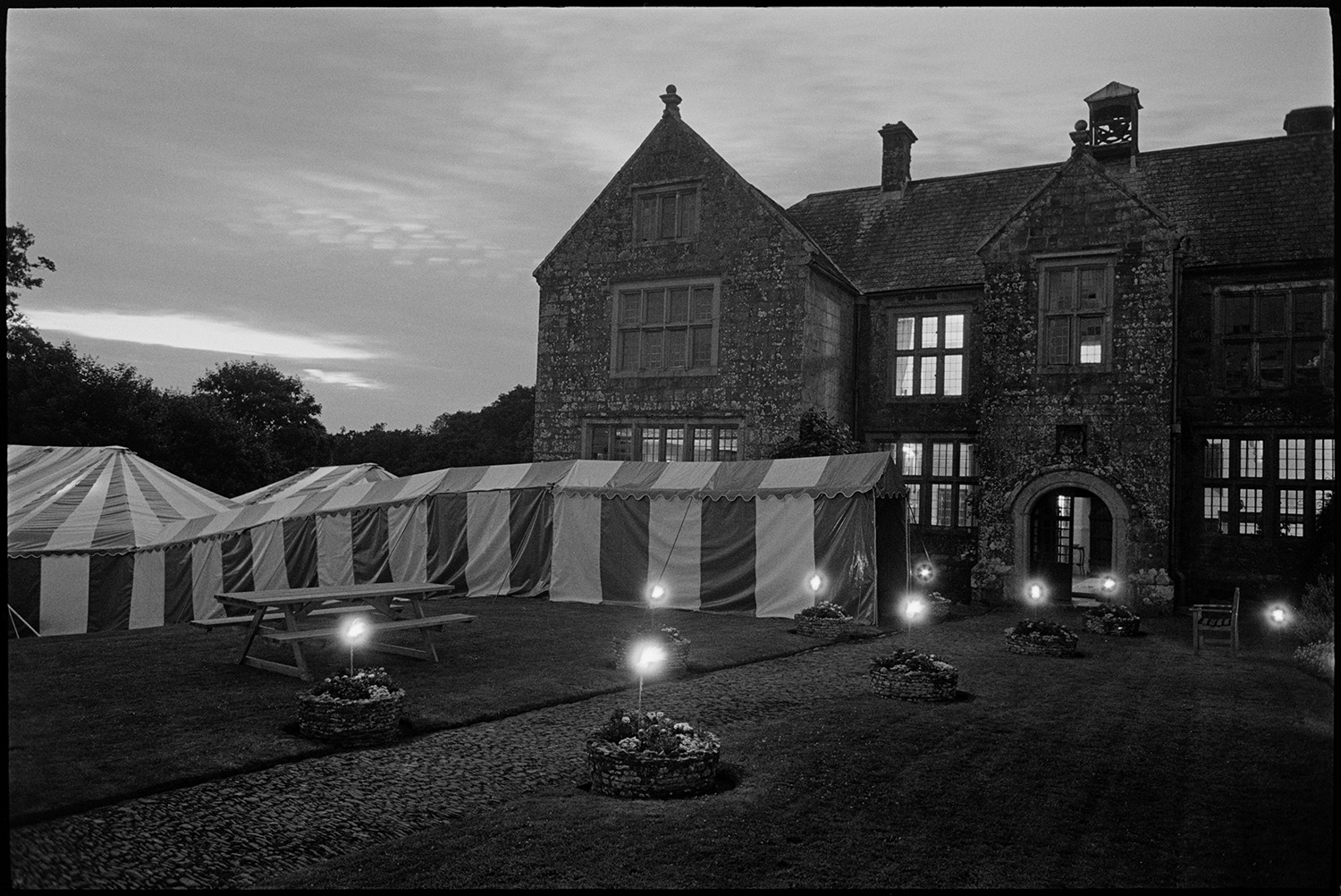 Hunt ball tents marquee, night with candles, people at bar, and arriving, disco lorry.
[Lights in flower containers lighting the way along a cobbled path to the marquee for the Eggesford Hunt Ball at Colleton Manor, Chulmleigh.]