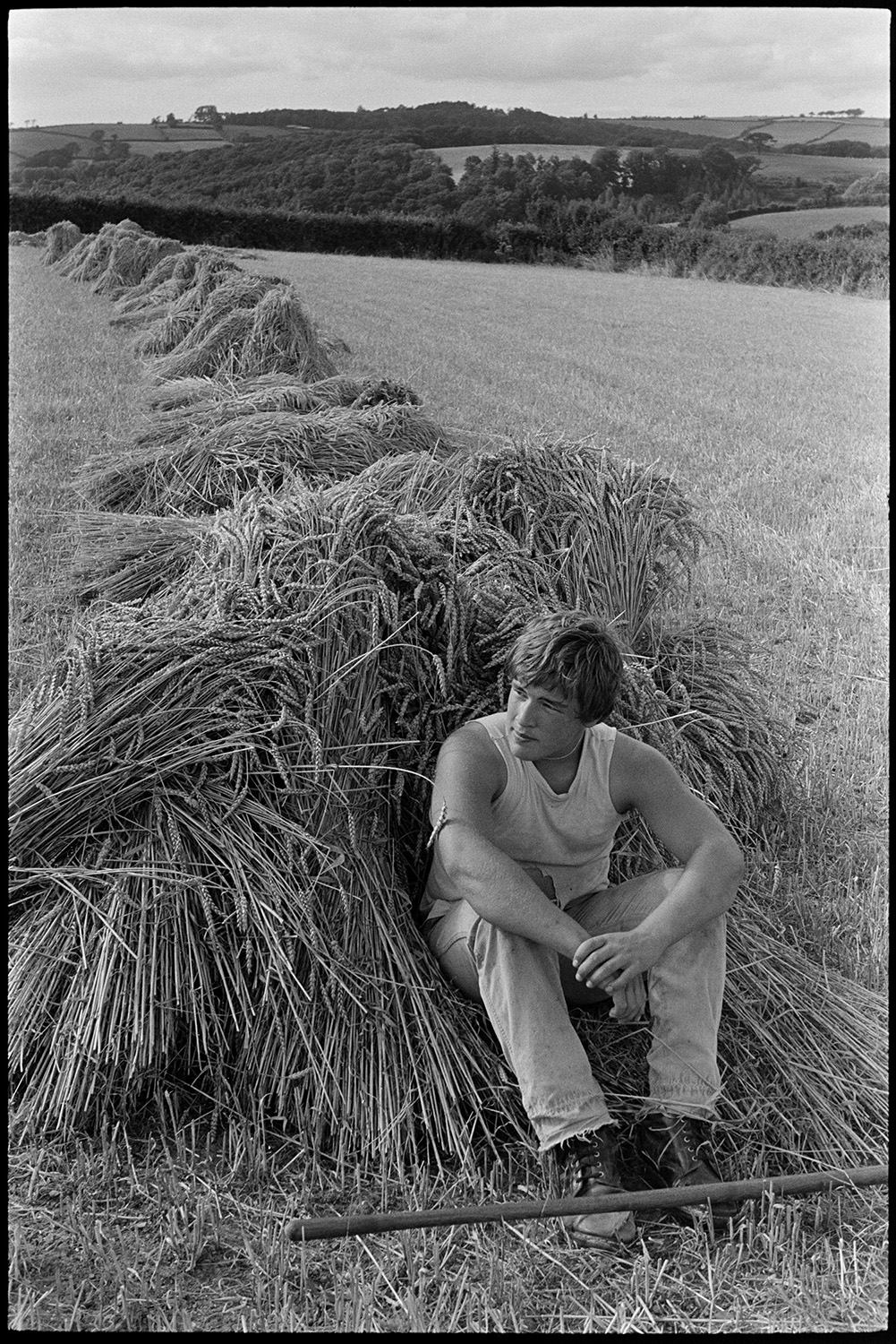 Men loading nitches of wheat onto trailer, resting on their pitchforks. Farmer on motorbike. 
[ A boy, possibly Bryan Down, sitting at the end of a row of stooks of wheat in a field at Spittle, Chulmleigh. The handle of a pitch fork can be seen in front of him.]
