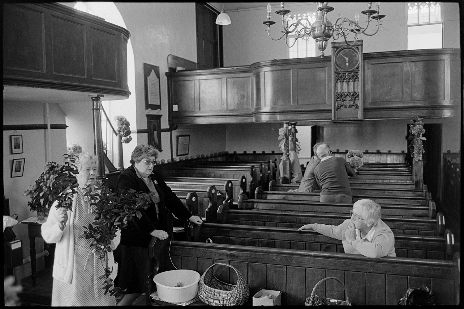 Congregational chapel interior, man playing organ to people decorating at Harvest Festival.
[People decorating the Congregational chapel at Chulmleigh with flowers for the Harvest Festival. Rows of wooden pews, a wooden balcony with a clock, and a metal chandelier are visible in the church. Three ladies are talking and one is holding some foliage for a display.]