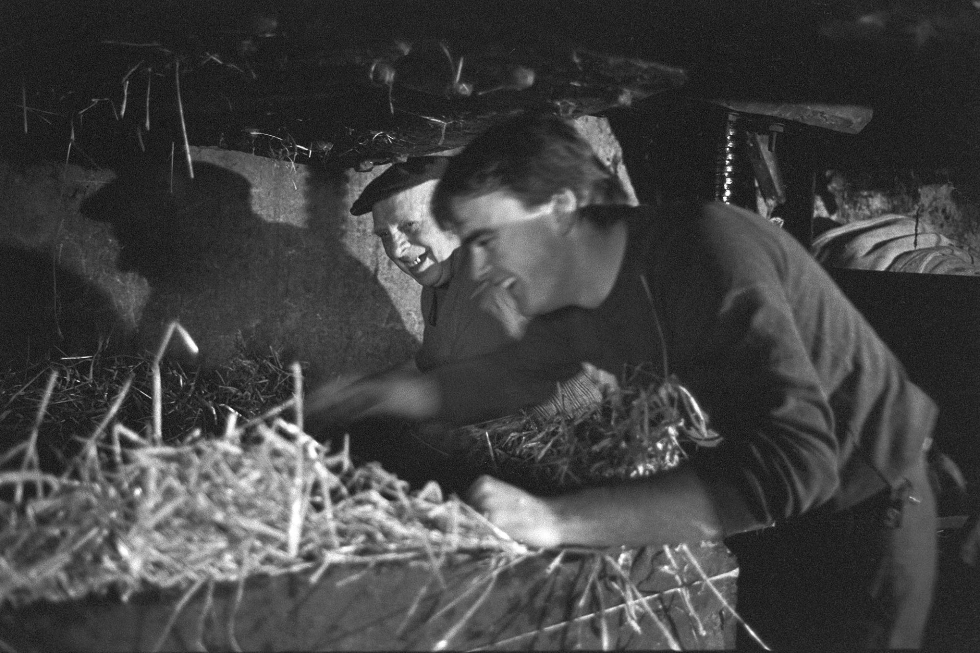 Farmers pressing cider in barn. Experienced man helping the younger generation! See old archive reference b02767. 
[Bill Bending, wearing a cap, showing a younger man, Mr Down, how to use a cider press at Spittle, Chulmleigh.]
