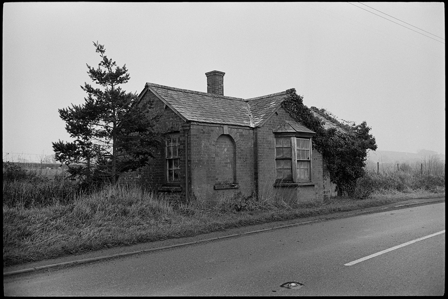Old roadside tollhouse falling into decay.
[An old brick and slate tollhouse falling into disrepair alongside the road at Taw Bridge near Winkleigh. Ivy is covering one end of the building, with a small fir tree growing on the other side.]