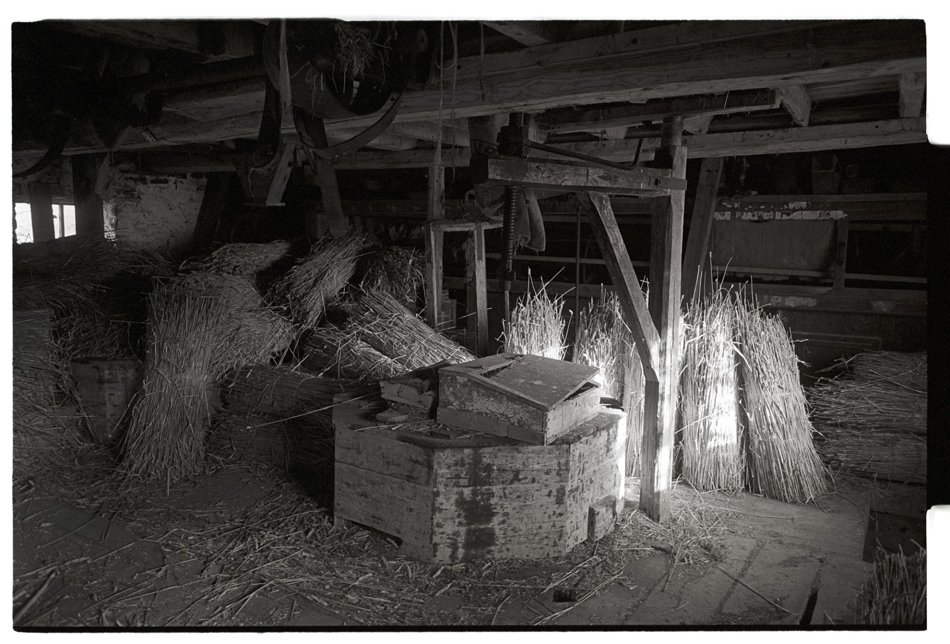 Views inside mill showing grindstone cover, machinery and stored nitches of wheat. 
[The interior of Rashleigh Mill at Ashreigney. Various machinery is visible, including a grindstone with a wooden cover. Nitches of wheat waiting to be milled is stacked around the mill.]