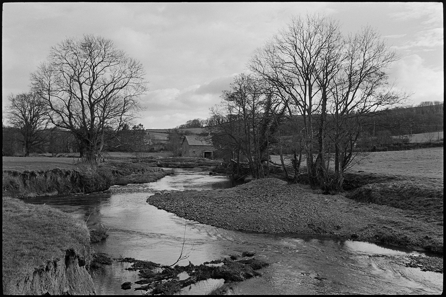 River view with old mill in distance.
[A view along the River Taw at Rashleigh Mill, Bridge Reeve. The river is lined with trees and fields.]