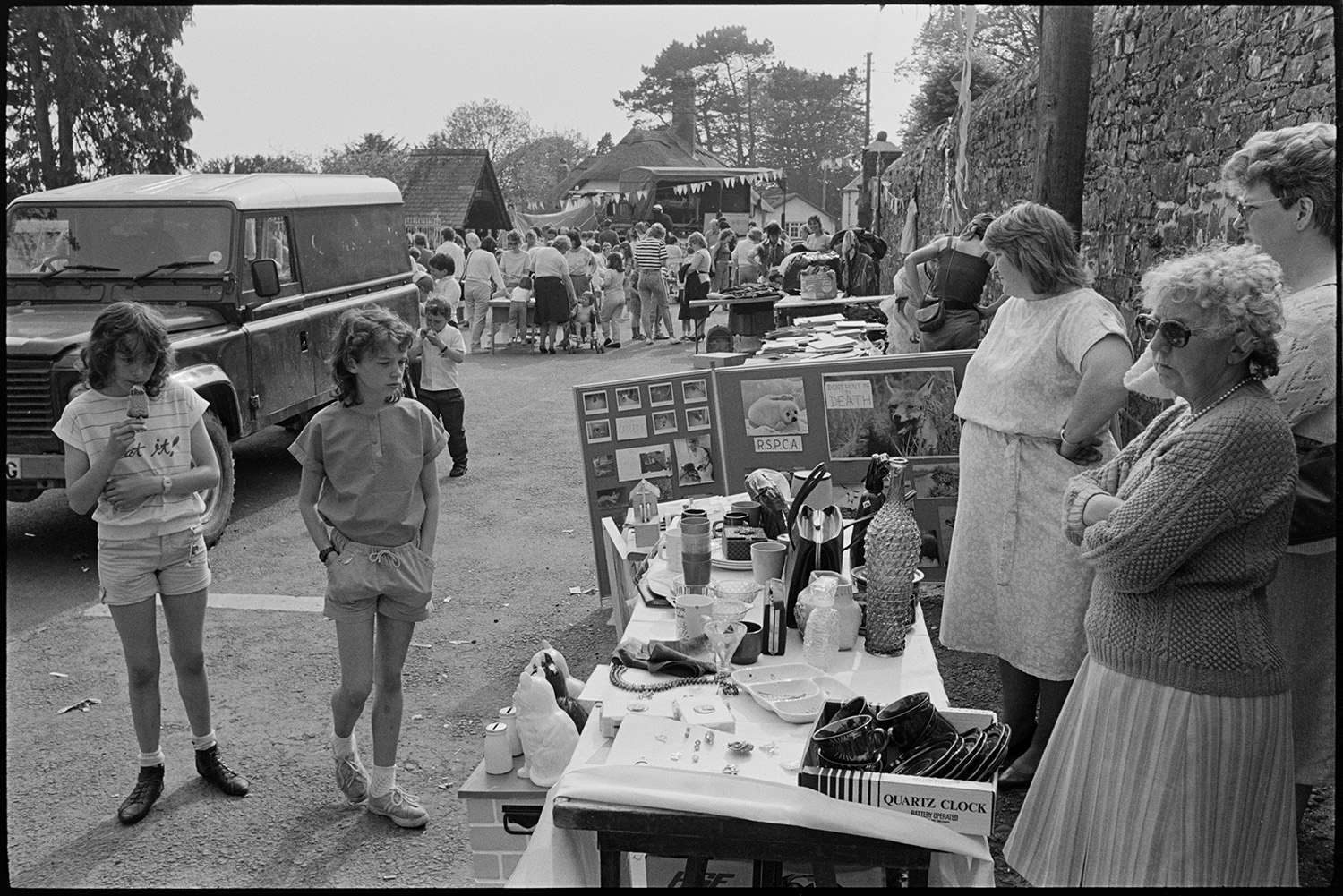 People at Chulmleigh Primary School Fete. Children are looking at a bric-a-brac stall for the RSPCA being run by three women. A parked Land Rover is opposite and a crowd of people are looking at stalls in the background.