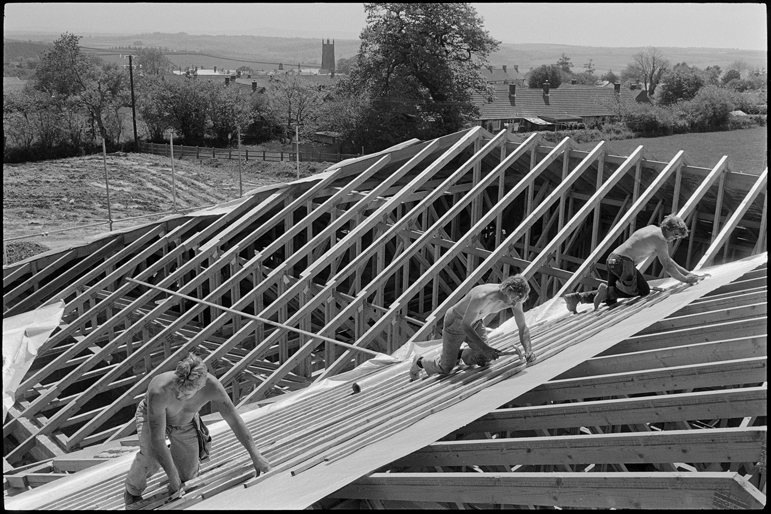 Men working on roof of new school.
[Three shirtless men working on the roof of the new Chulmleigh Primary School in the sunshine.]