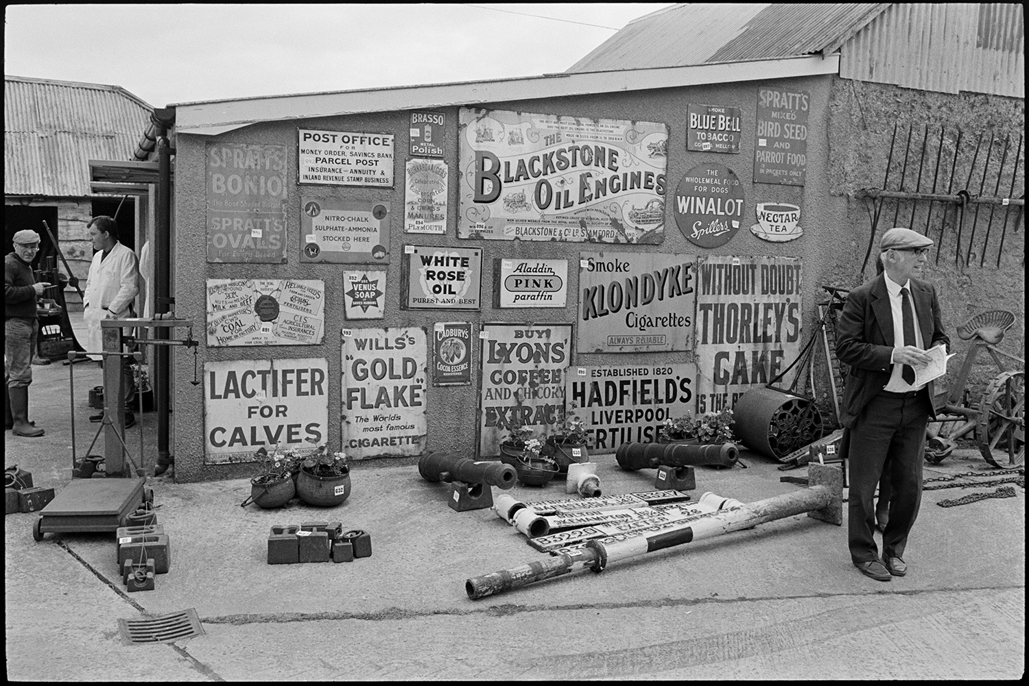 Sale of agricultural museum collection, signs, implements, machinery on display. Woodpile.
[A man in front of a collection of old advertisements, road signs, cannons, a roller and other agricultural items for sale at the Ashley Countryside Collection, Hollocombe. Advertisements include products such as White Rose Oil, Alladin Pink Paraffin, Klondyke cigarettes and Blackstone Oil Engines.]