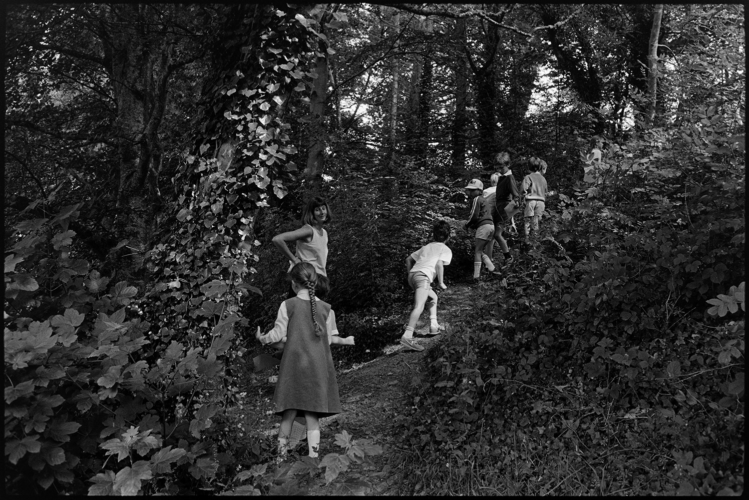 Brownies in school playground. Children in class setting off on nature walk on wood.
[Rowena Hoare, teacher at Chulmleigh Primary School, with children walking up a steep path in the woods at Chulmleigh, on a nature walk.]
