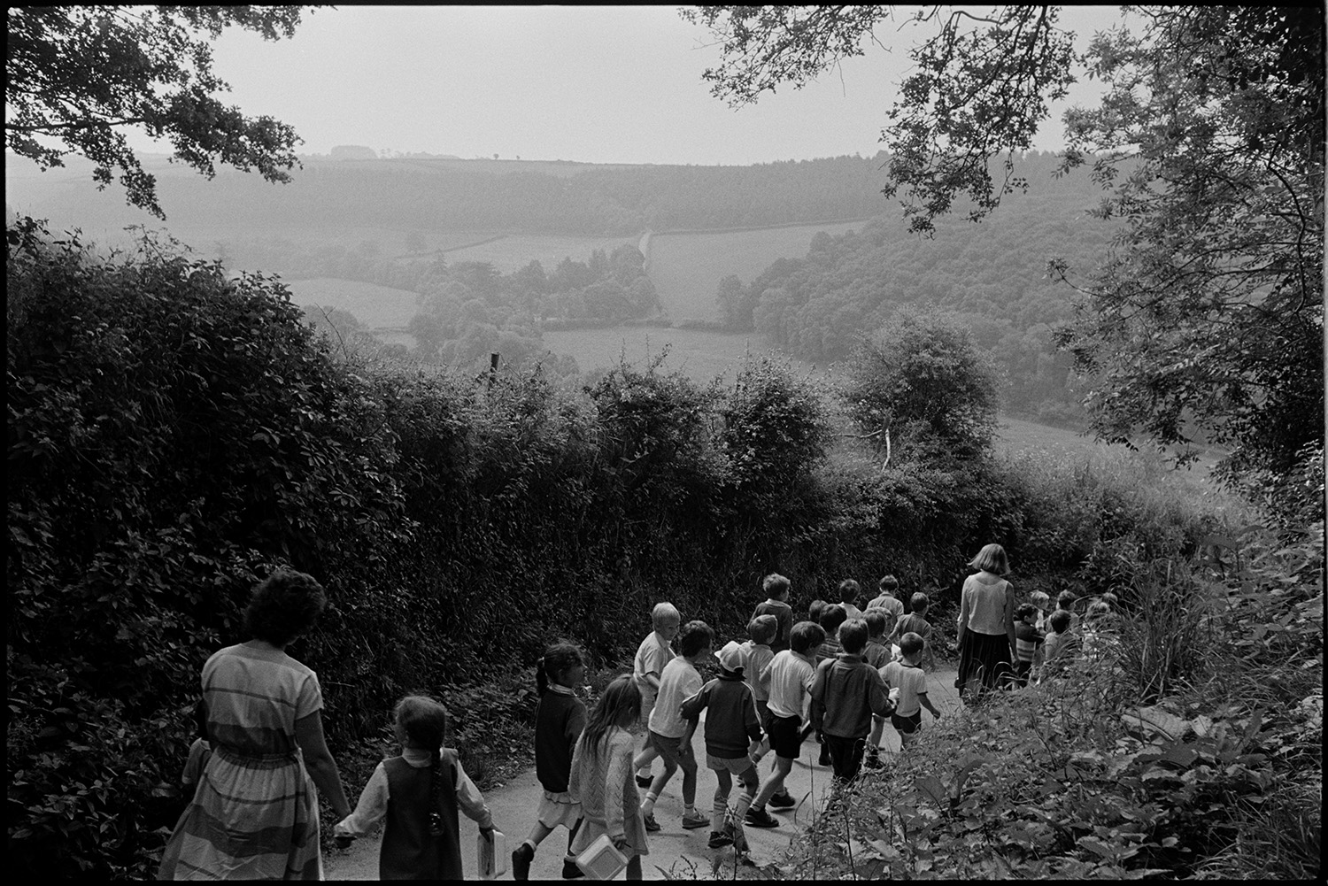 Brownies in school playground. Children in class setting off on nature walk on wood.
[Children and two teachers from Chulmleigh Primary School walking down a lane holding hands and talking on a nature walk in Chulmleigh.]