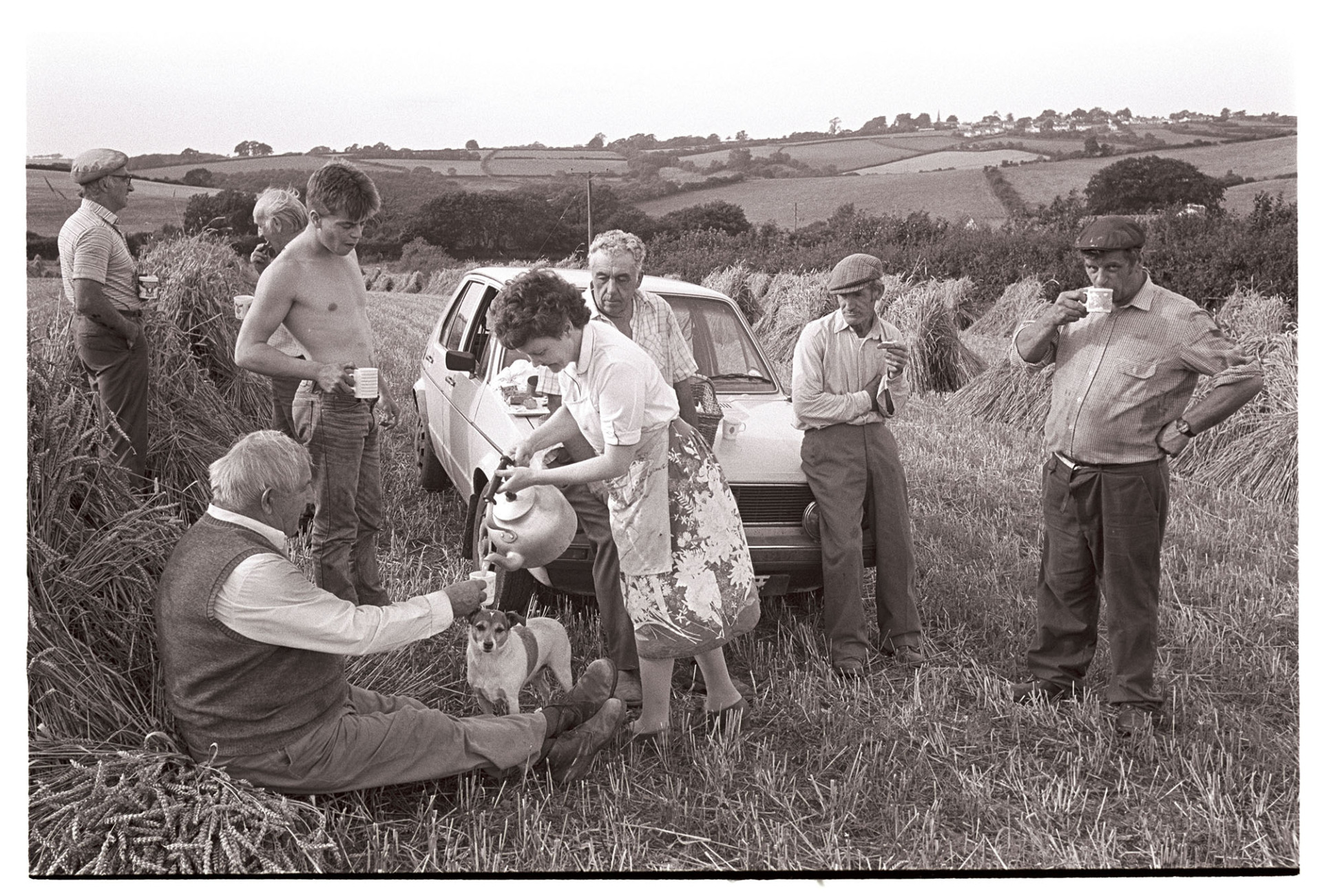 Harvesters tea break, leaning on car, woman, farmers wife pouring from kettle, dog. 
[A woman pouring tea for harvesters having a tea break at Spittle, Chulmleigh. They are resting by a car in a field. A basket with food is on the car bonnet and a dog is stood by the woman. Stooks of corn can be seen in the background.]