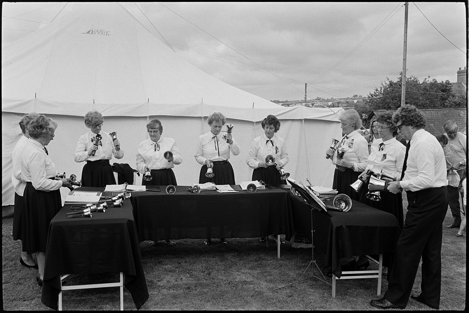 Fete with stalls, people having tea, looking at view, hand bell ringers. 
[The Ashreigney Hand bell ringers performing at a fete at Little Silver, High Bickington. A marquee can be seen behind them.]