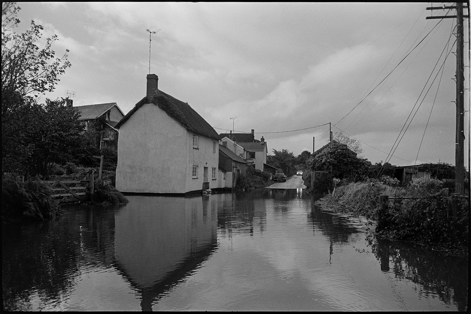 River in flood, marooned thatched cottage, iron gate in flooded field. 
[A thatched cottage and road cut off by flooding from the River Taw at Bridge Reeve, Ashreigney. Sand bags can be seen outside the cottage doorway.]