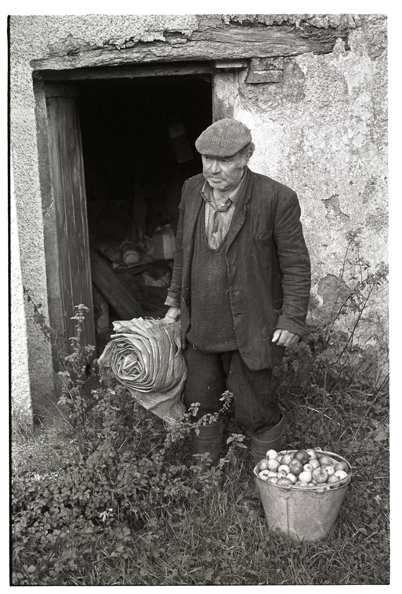 Orchards, Devon, man picking cider apples, standing with bag and bucket of apples. 
[Reg Holland stood by an open doorway with a bucket full of apples and holding a bundle of empty sacks, at Newhouse, Ashreigney.]