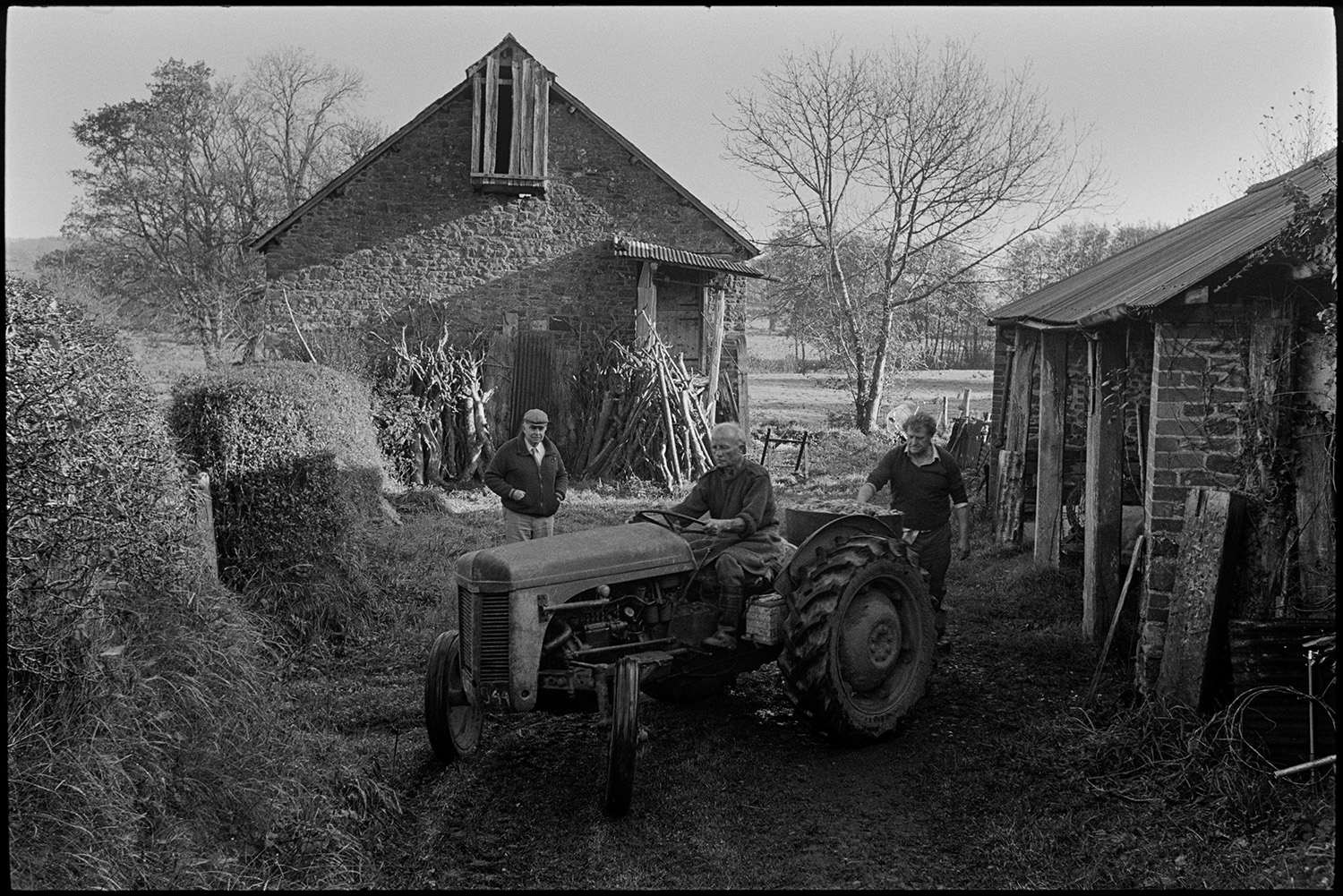 Cider making, apple crusher and cider press. 
[Bill Hammond driving a tractor with barrels of apple pulp for cider making at Rashleigh Mill, Bridge Reeve. Two other men are watching. The mill building with woodpiles stacked against one end is visible in the background.]