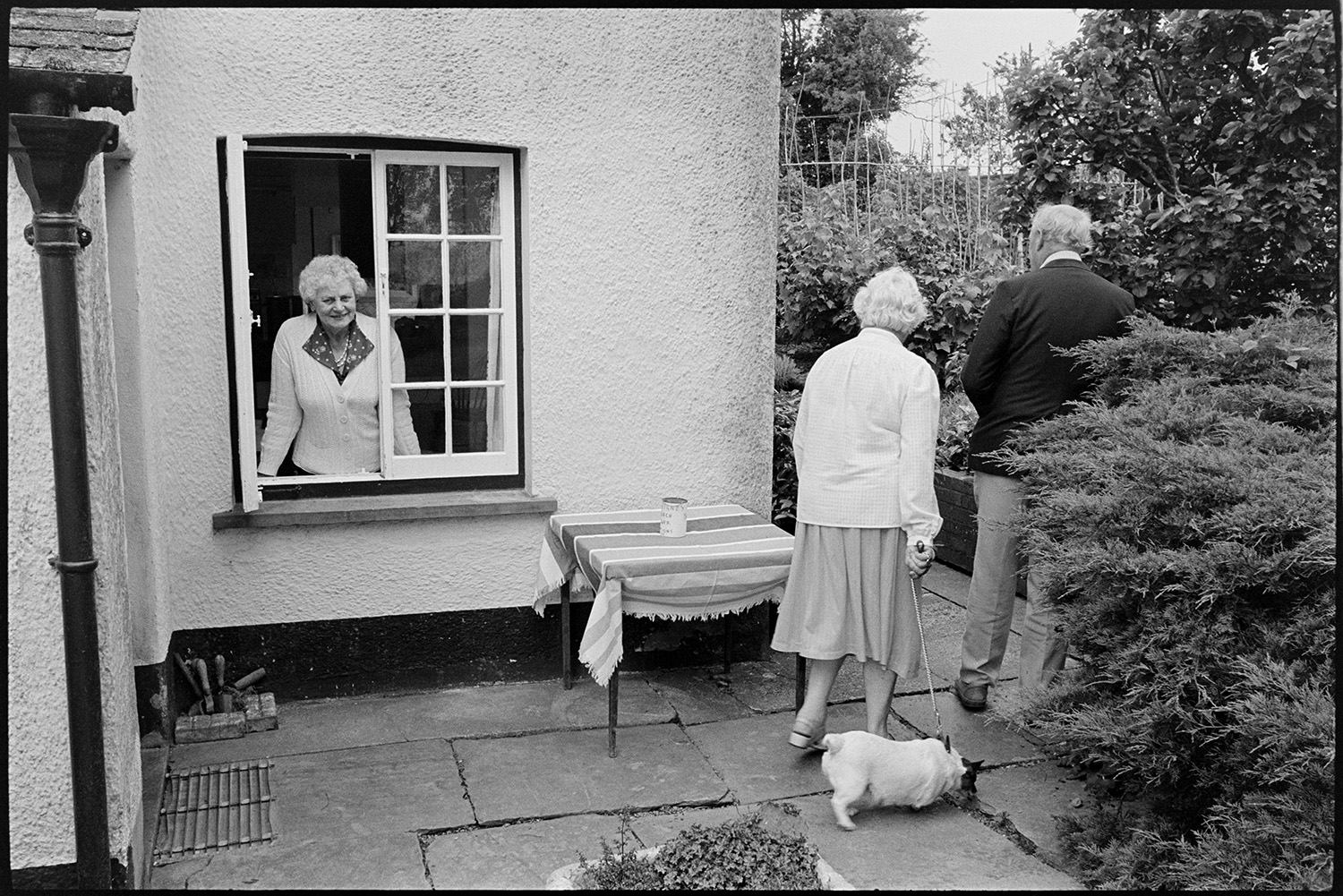 Open garden, with cake stall and people looking around garden. Thatched garage.
[Visitors at an open garden event at Highdown, Ashreigney. A man and a woman with a small dog are walking around the garden path and a woman, possibly Moggie Dew, is looking out of a window. There is a small table with a tin can on it by the window.]