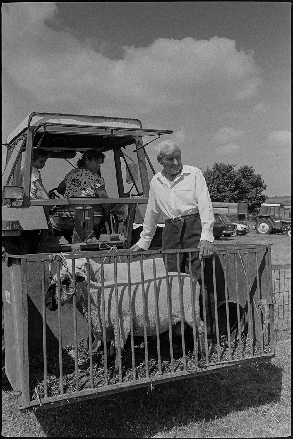 Country fair, vintage cars, sheep being rounded up for show.
[A man standing in a link box with two sheep at Ashreigney Country Fair. There is a boy and woman in the tractor cab. Other parked vehicles are visible in the field in the background.]