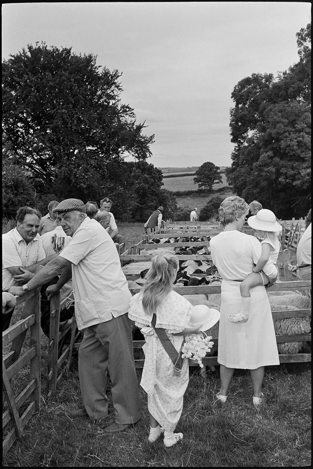 Fair, auction of sheep, farmers and crowds of spectators.
[A woman holding a child and a young girl wearing the dress of an attendant of the Chulmleigh Fair Queen, looking at sheep in wooden pens being sold at Chulmleigh Fair. A number of men are also gathered around the pens looking at the sheep.]