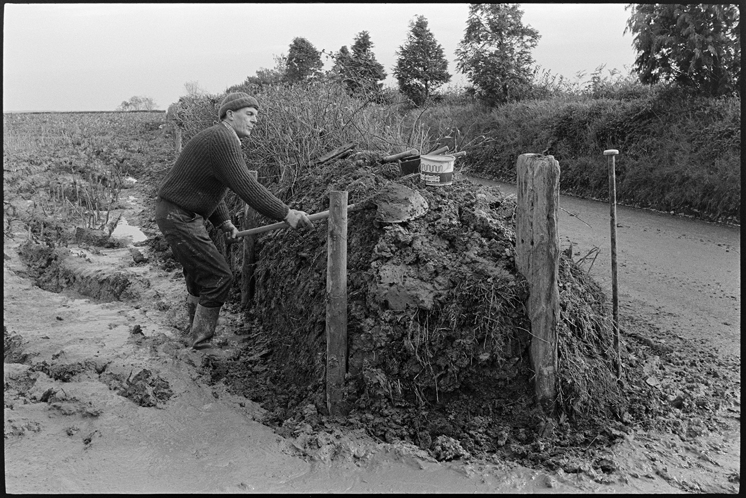 Man clatting up hedge in very muddy field. 
[A man clatting, building up a hedge with turf and mud, using a spade, by the entrance to a very muddy field at Ashreigney. A road runs alongside the field.]
