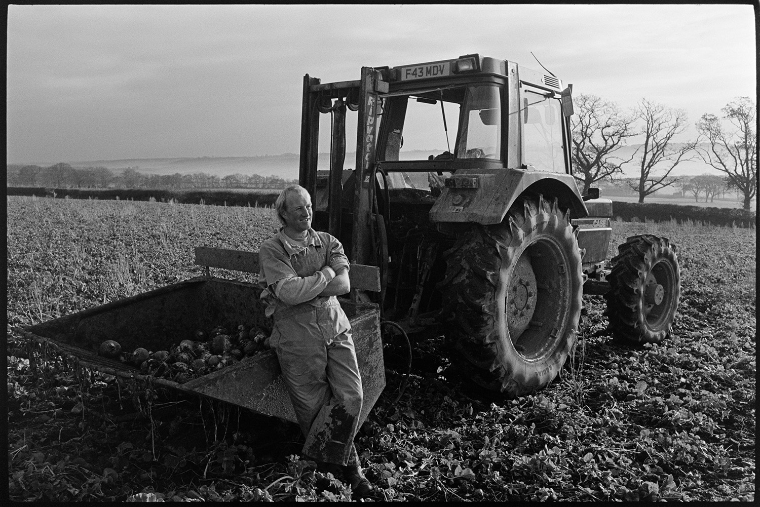 Farmer lifting swedes, early morning with frost. 
[A man leaning on a link box full of swedes which is attached to a tractor, in a field at Parsonage Farm, Chulmleigh. The ground is frosty.]