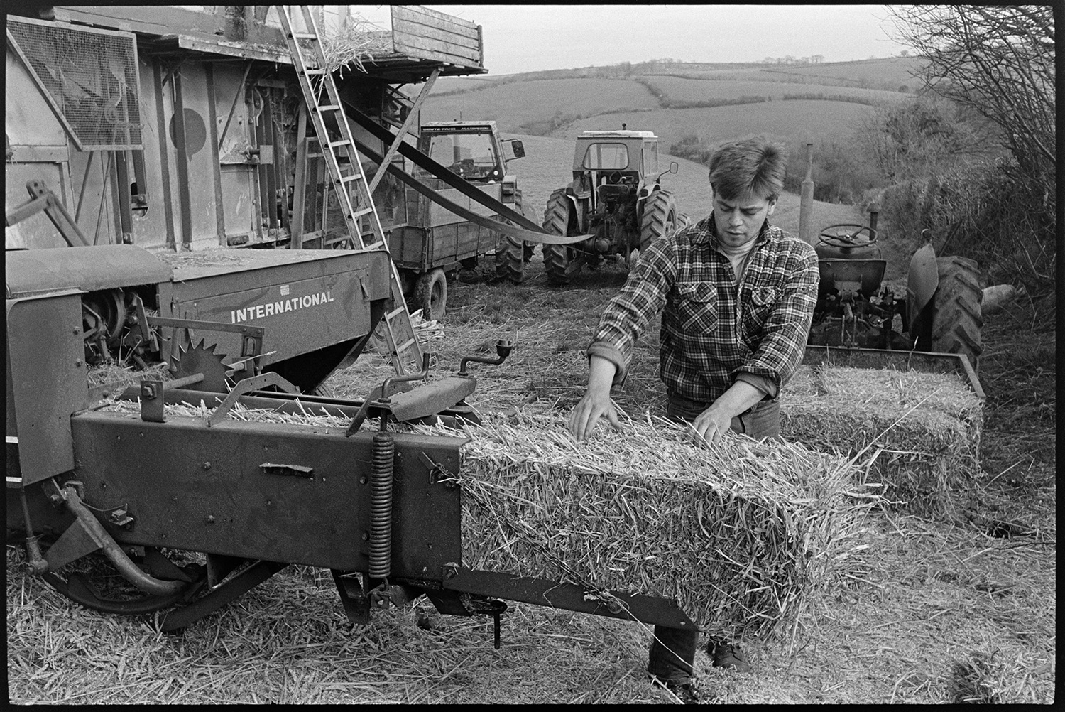 Reedcombing, feeding machine from Dutch barn. 
[Brian Down lifting a straw bale out of a baler in a field at Spittle Farm, Chulmleigh. A tractor and link box with other straw bales can be seen in the background.]