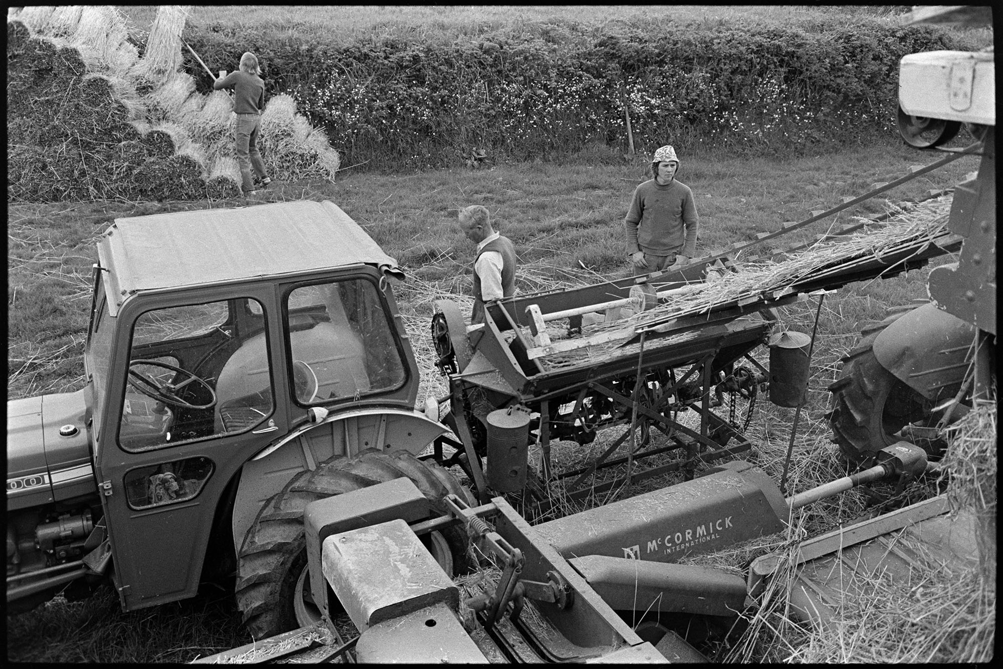 Reed combing, men working, ricks, tractors, etc. <br />
[A tractor and reed comber processing reed. Men are collecting the bundles of reed at the bottom of the comber and in the background a pile of reed bundles can be seen. A person is adding another bundle of reed to the pile.]