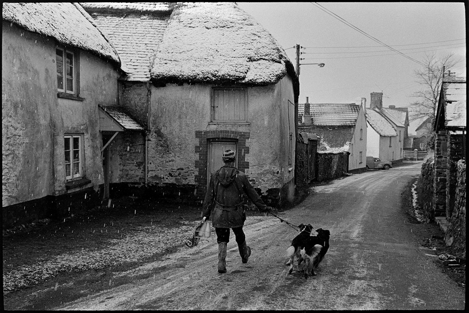 Cob and thatch farm in village in snow.
[A person carrying a bag and bottles of milk, with two dogs on a lead, walking along an icy road  past the cob and thatch farmhouse at Elliots, Roborough. The thatched roof is covered with snow and more snow can be seen falling. ]