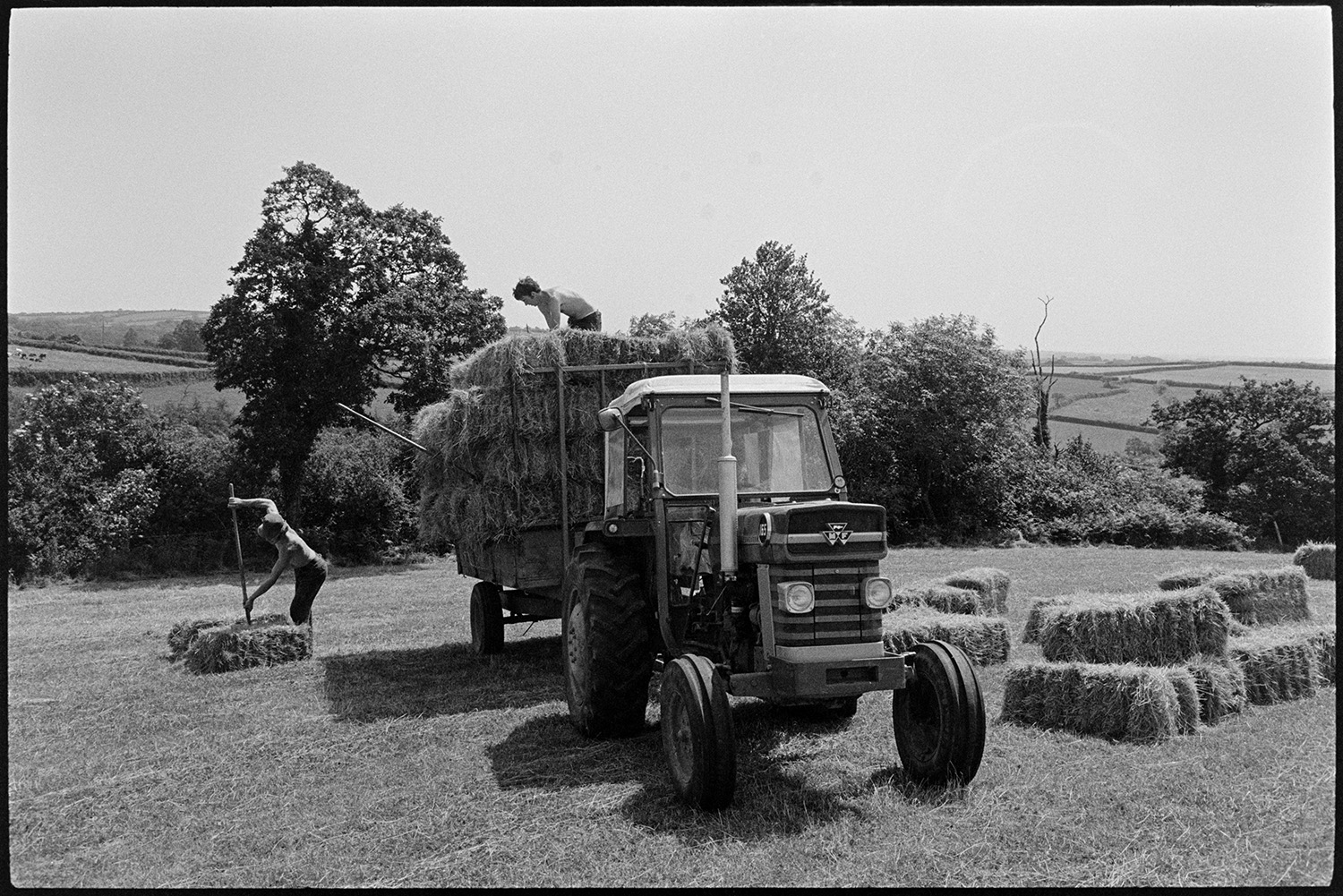 David Ward and Graham Ward loading hay bales onto a tractor and trailer in a field at Parsonage, Iddesleigh. One of the men is picking up a bale with a pitchfork. More bales can be seen in the field in the background.