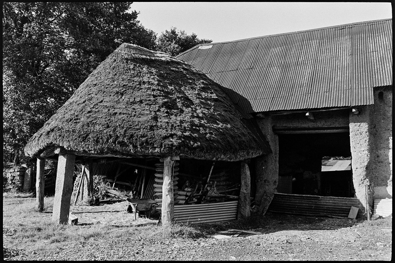 Barn and thatched roundhouse with pillars. 
[A cob barn with a corrugated iron roof and thatched roundhouse with wooden and stone pillars at Chapple, Winkleigh. A wheelbarrow and sacks can be seen under the roundhouse.]