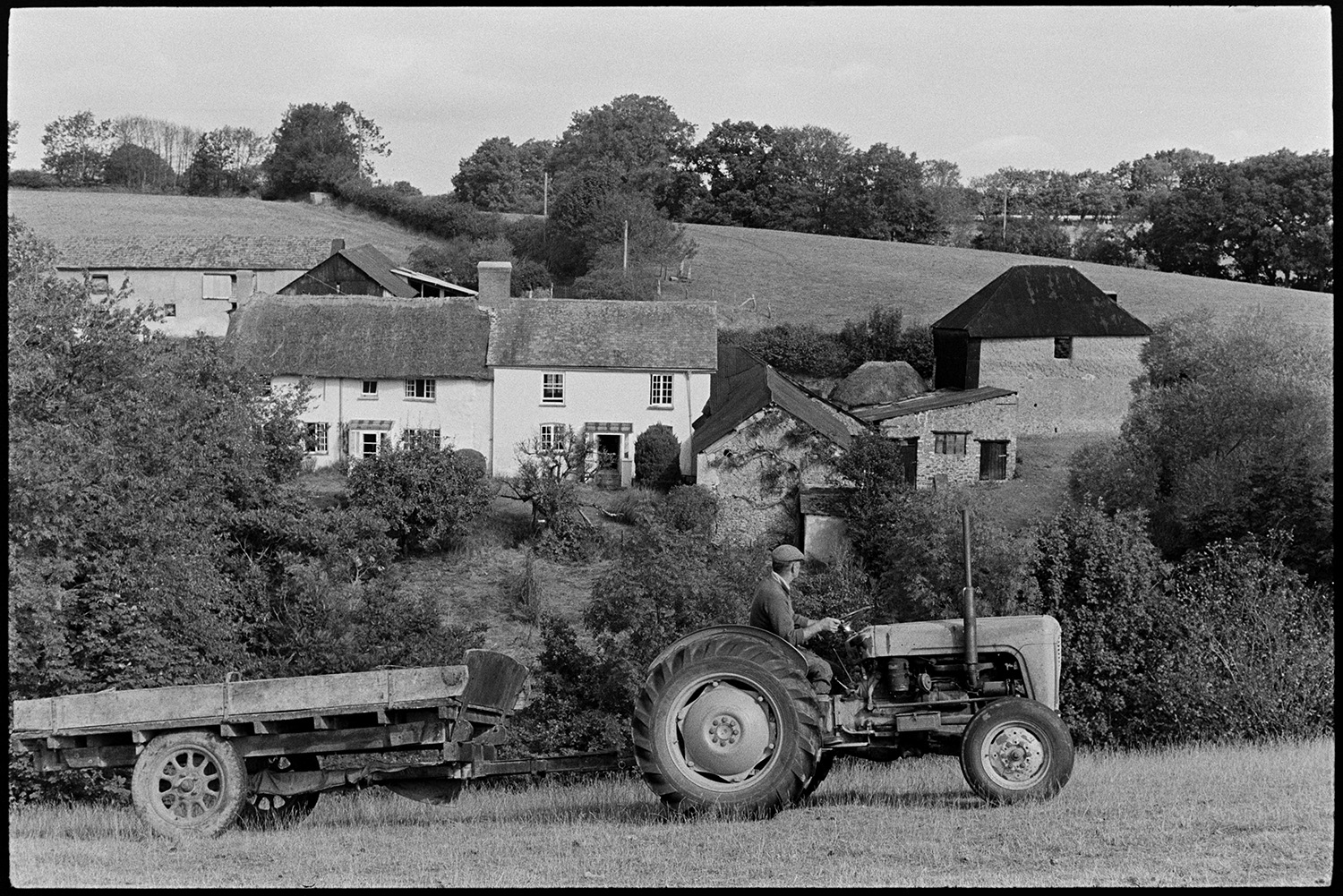 Tractor and trailer in front of farm. 
[A man driving a tractor and trailer through a field at West Chapple, Winkleigh. The farmhouse and various barns can be seen in the background.]