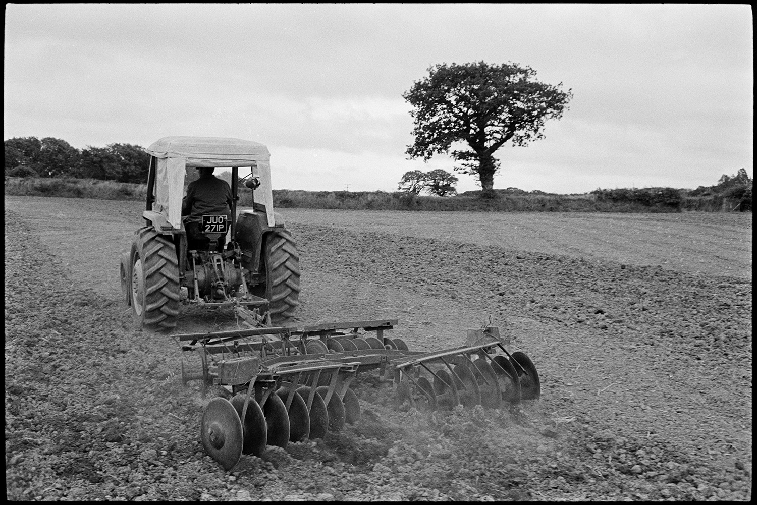 Harrowing field. 
[John Ward driving a tractor pulling a harrow over a field at Parsonage, Iddesleigh. A tree can be seen in a hedge in the background.]