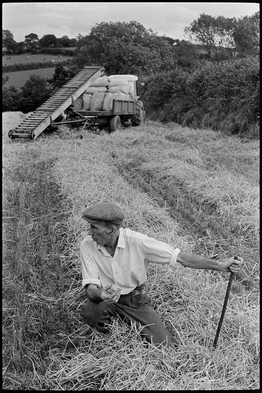 Harvesters tea. 
[A man having a tea break in a field whilst harvesting a crop. A trailer with sacks of grain and an elevator resting against it can be seen in the background.]