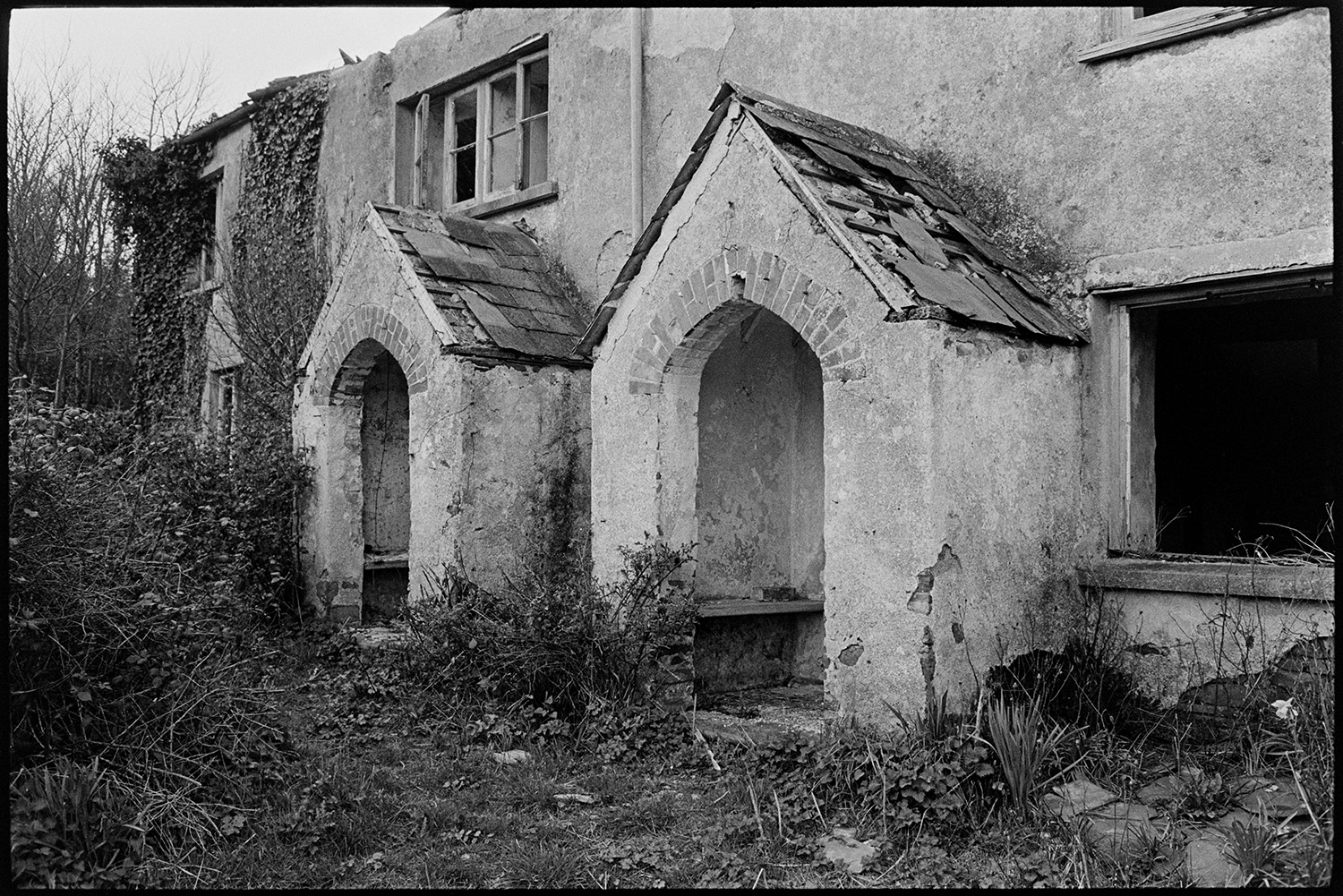 Overgrown and derelict cottages with no roof. The slates are falling off the roofs of the porches.