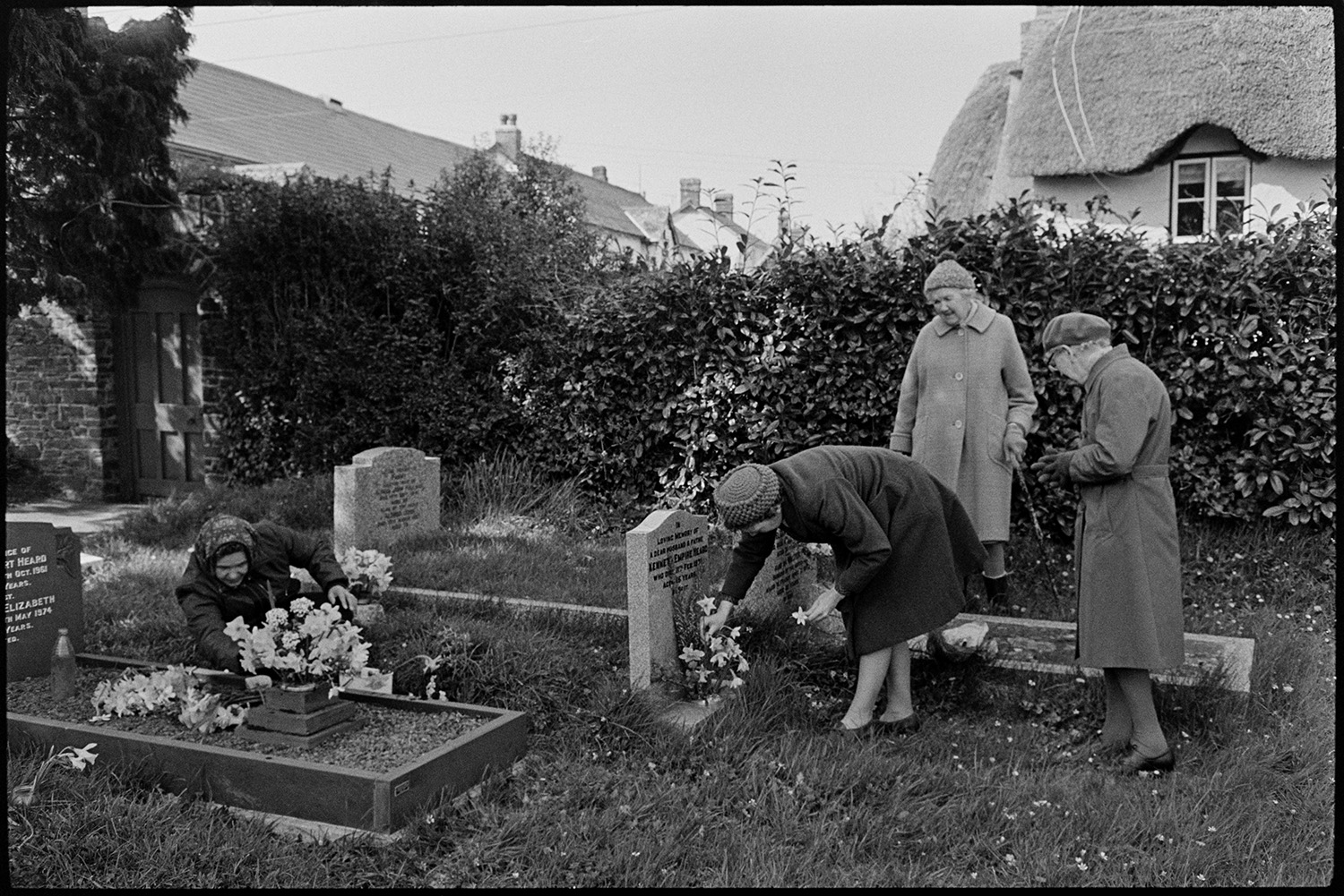 People putting flowers on graves at Easter time. 
[Four women putting flowers on graves in Dolton churchyard at Easter. The flowers include daffodils. Thatched cottages are visible in the background.]