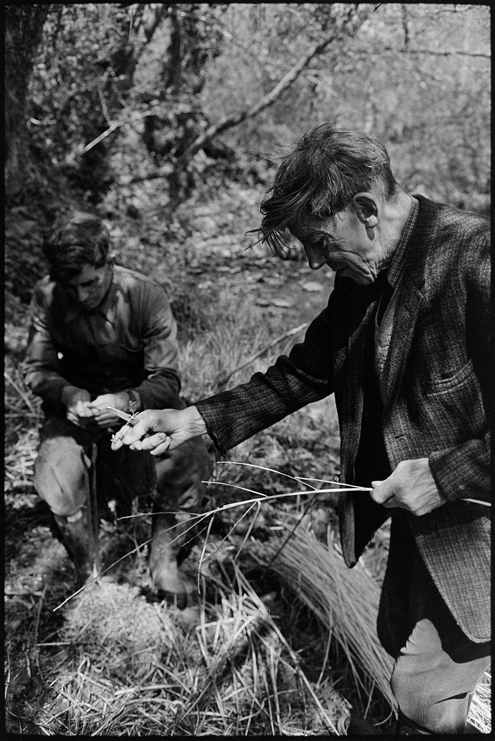 Two skinning (stripping) rods (willows) for basketwork. 
[Bill Folland and Bill Cooke stripping or skinning rods of willow to be used in basket making, near a stream at Colehouse, Riddlecombe.]