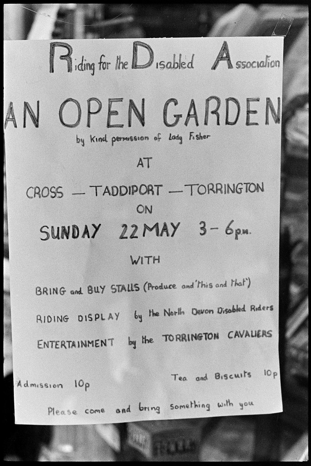 Poster for gymkhana at Cross, see sheets 777, 778. 
[A poster advertising an open garden or fete at Cross House, Torrington on 22 May 1977 to raise money for the Riding for the Disabled Association.]