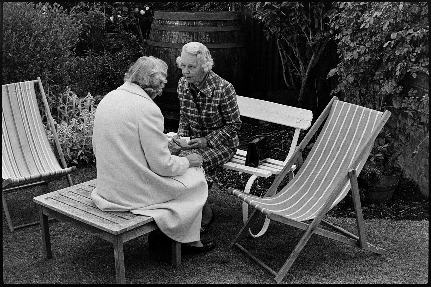 Garden party for charity, people looking and chatting. <br />
[Two women sitting on a white bench are drinking tea at a garden party at High Down, Ebberley.]