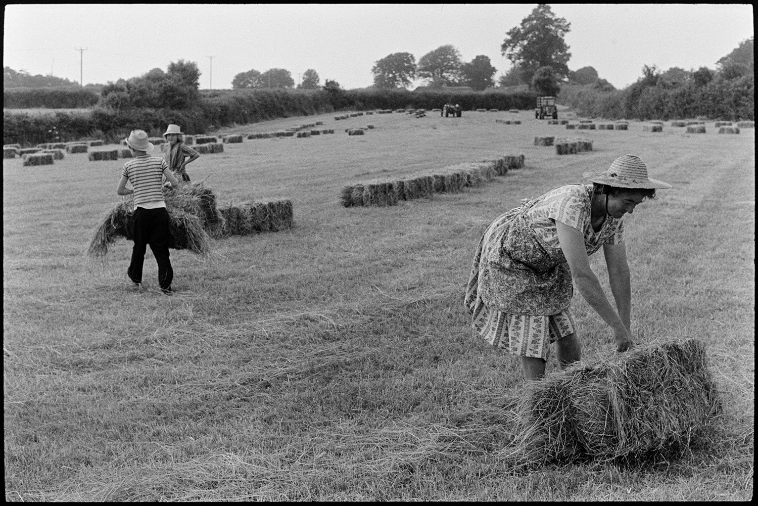 Woman, twin children haymaking. 
[Mrs Oke and her twin children moving hay bales in a field at Deckport, Hatherleigh. A tractor and trailer can be seen further down the field. Mrs Oke is wearing a dress and straw hat.]