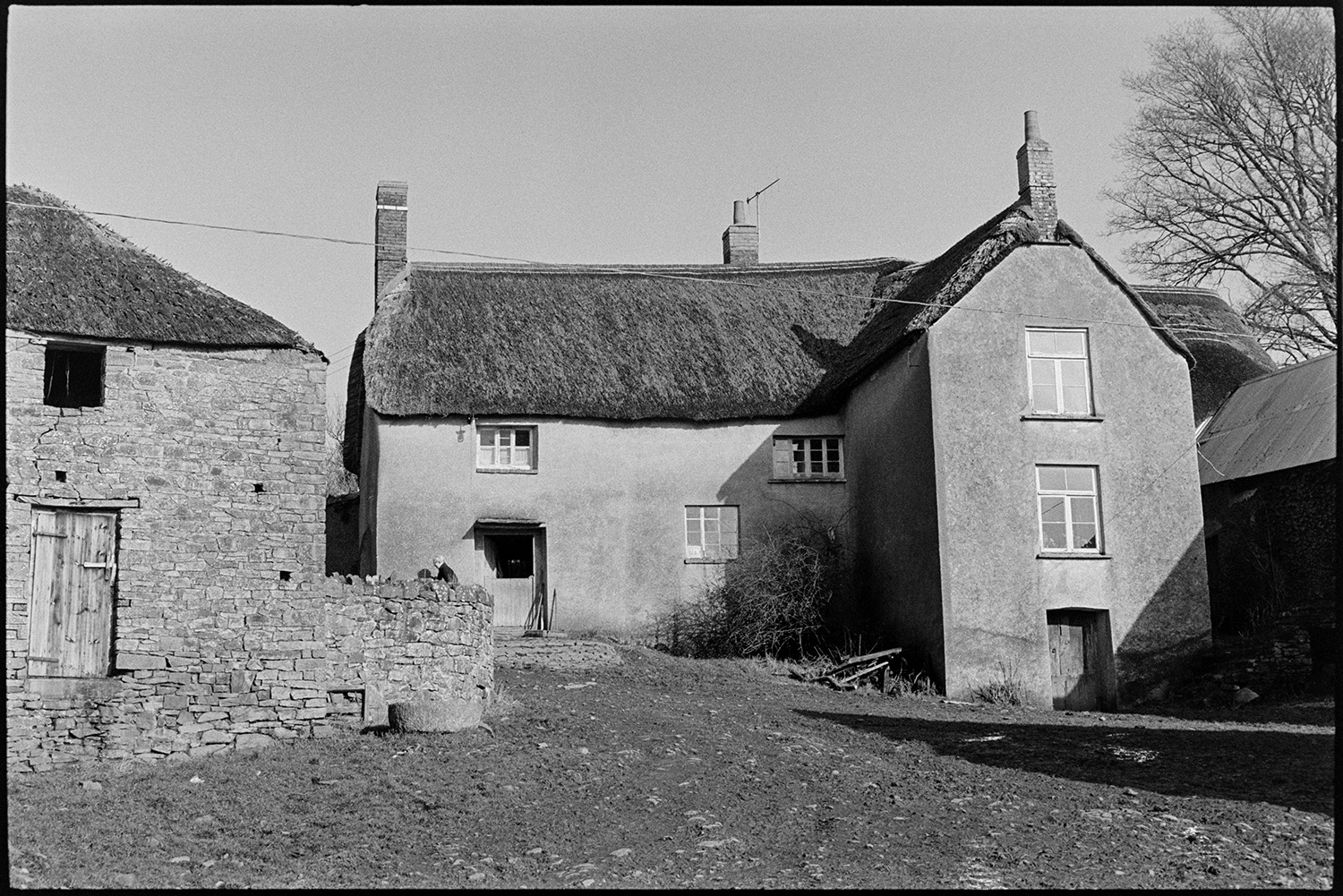 Cob and thatch farmhouse and barns, some collapsing. 
[A cob and thatch farmhouse next to a stone and thatch barn at Bridgetown, Iddesleigh. The barn has a tallet and wooden door.]
