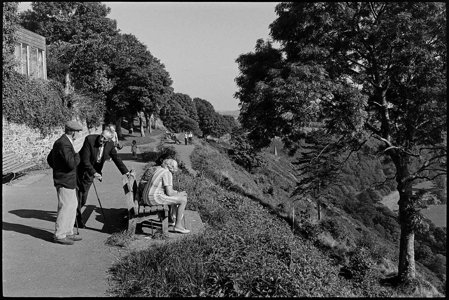People and children enjoying park and fine view, bicycles. 
[Men, women and children sitting on benches and walking along  a path in park at Torrington. The valley below is covered with trees and foliage.]