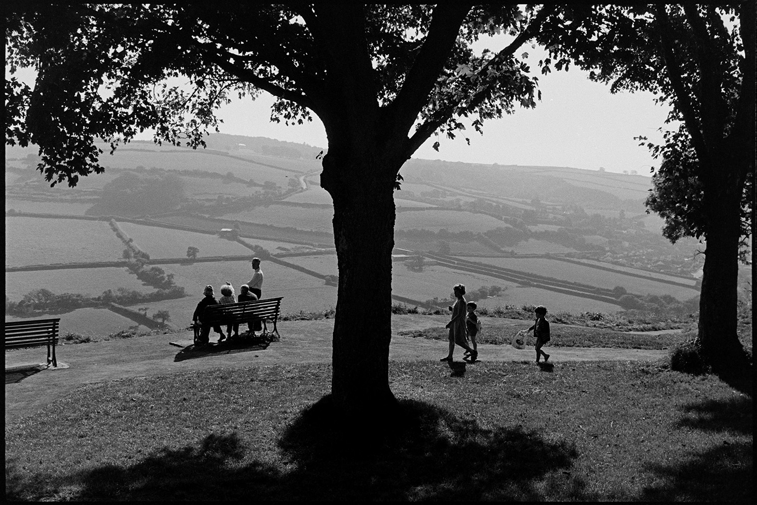 People and children enjoying park and fine view, bicycles. 
[People sitting on a bench in a park at Torrington looking out at a view of trees and fields in the valley below. Children are walking past a tree in the foreground.]